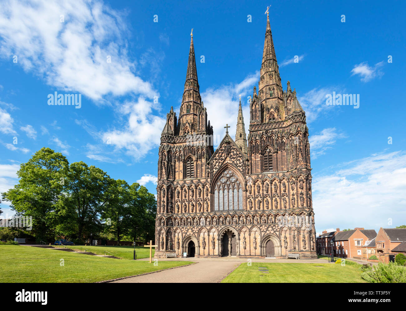 Lichfield cathedral Lichfield cathedral west front with carvings of St Chad saxon and norman kings Lichfield Staffordshire England UK GB Europe Stock Photo