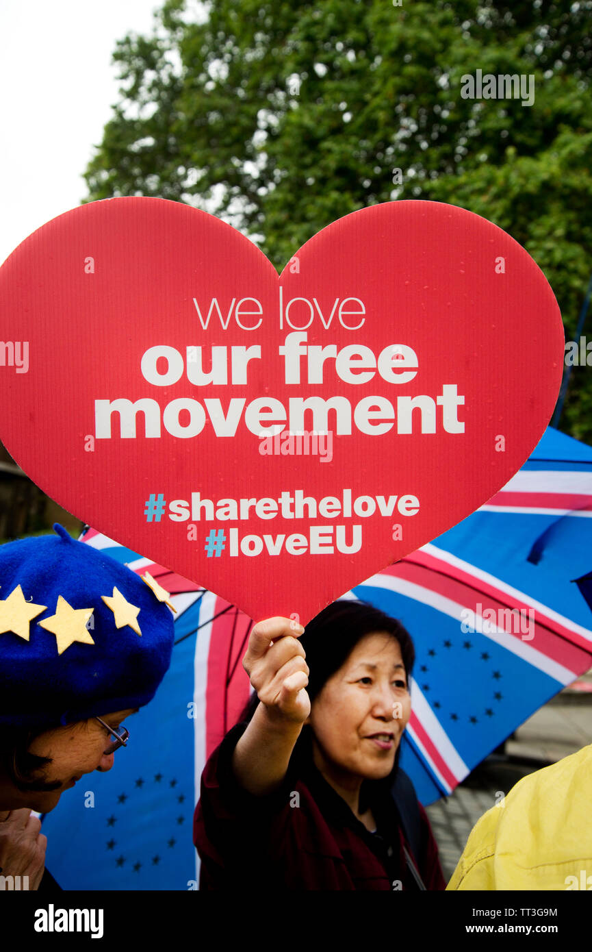 Parliament Square. Protest by Remain supporters. A woman holds a heart shaped placard saying 'We love our free movement'. Stock Photo