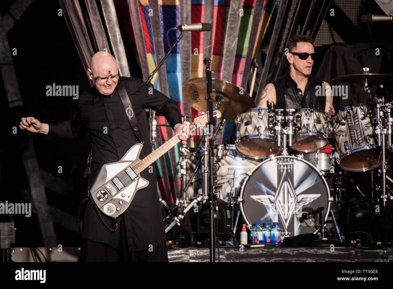 Billy Corgan and Jimmy Chamberlin of the American rock band Smashing Pumpkins, performing live on stage at the Firenze Rocks festival 2019 in Florence Stock Photo