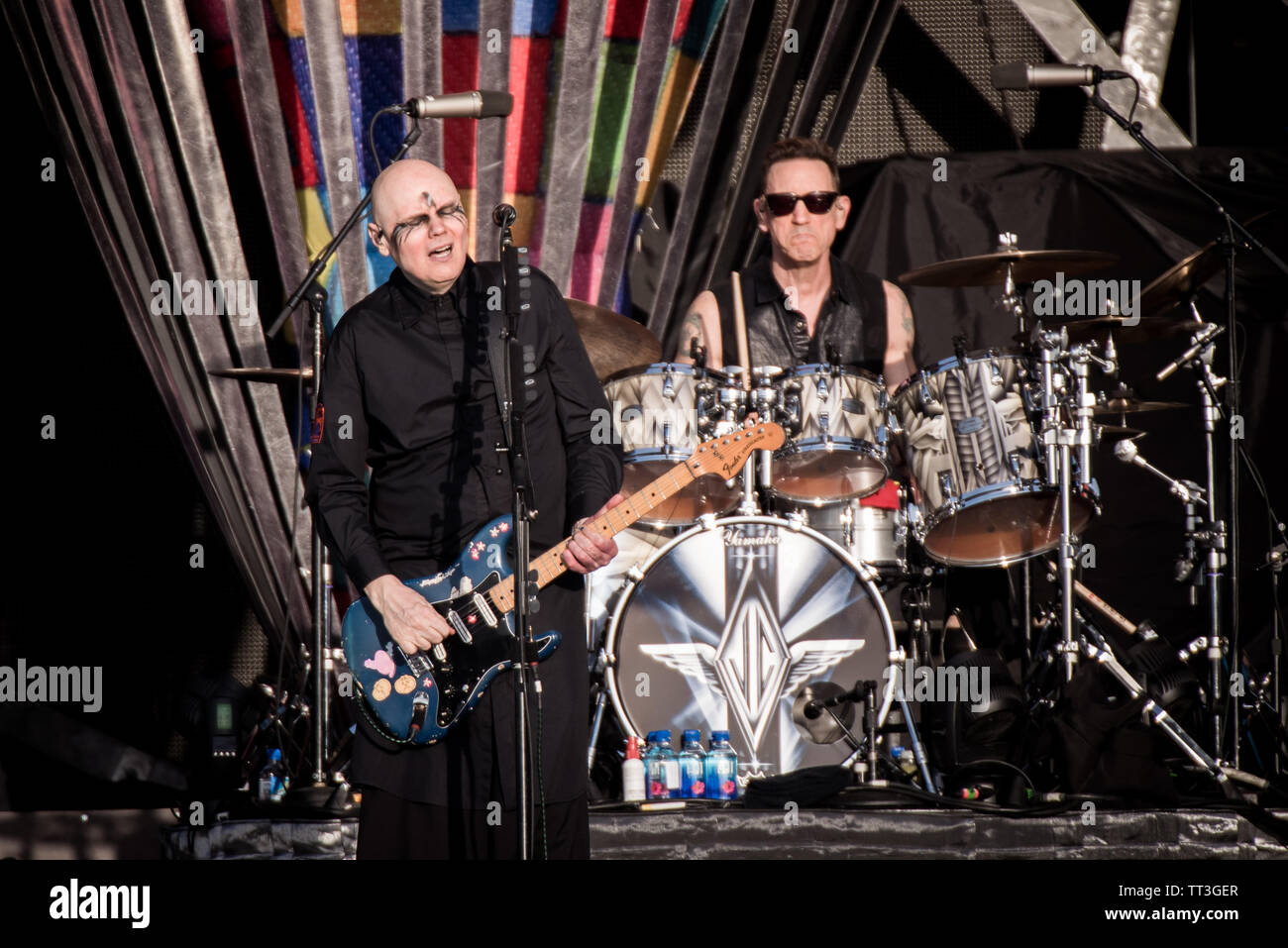 Billy Corgan and Jimmy Chamberlin of the American rock band Smashing Pumpkins, performing live on stage at the Firenze Rocks festival 2019 in Florence Stock Photo