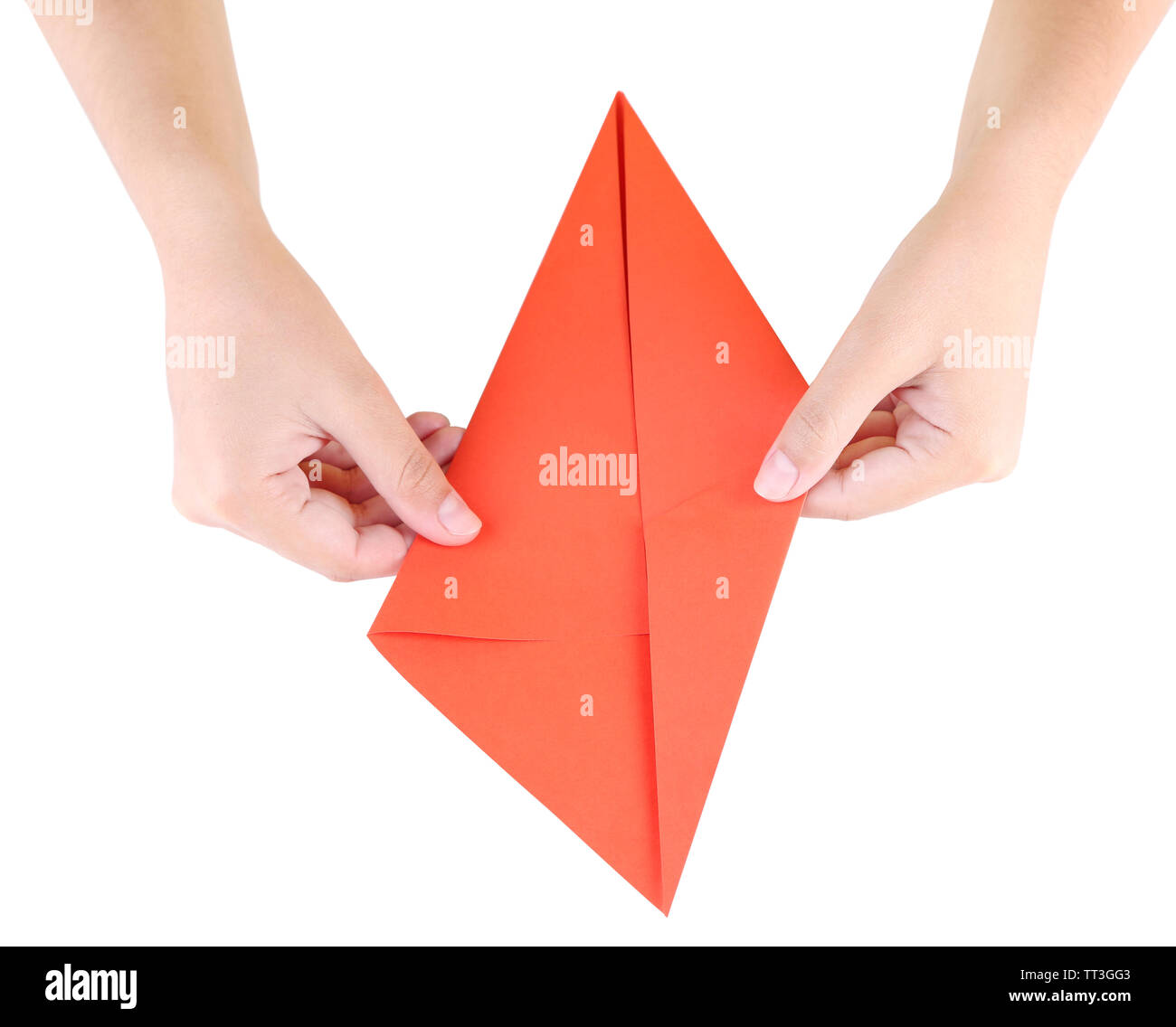 Hands making origami rabbit, close up, isolated on white Stock Photo
