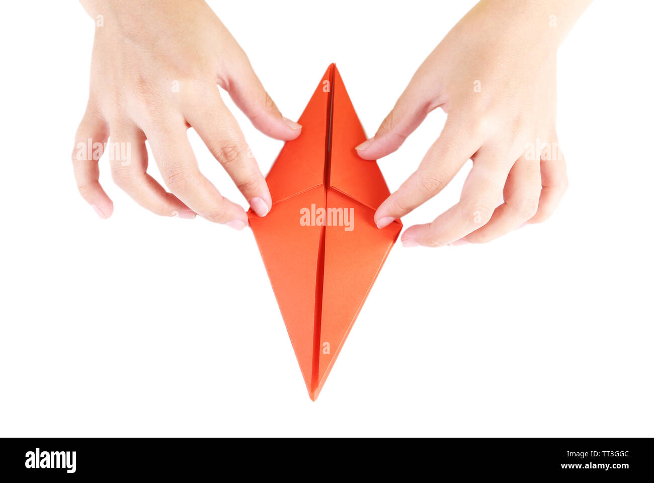Hands making origami rabbit, close up, isolated on white Stock Photo