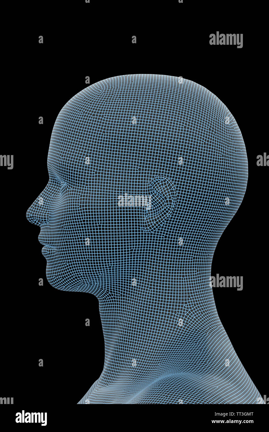 Human Head. 3D Rendering image of male human body. Wireframe model isolated on black background. Stock Photo