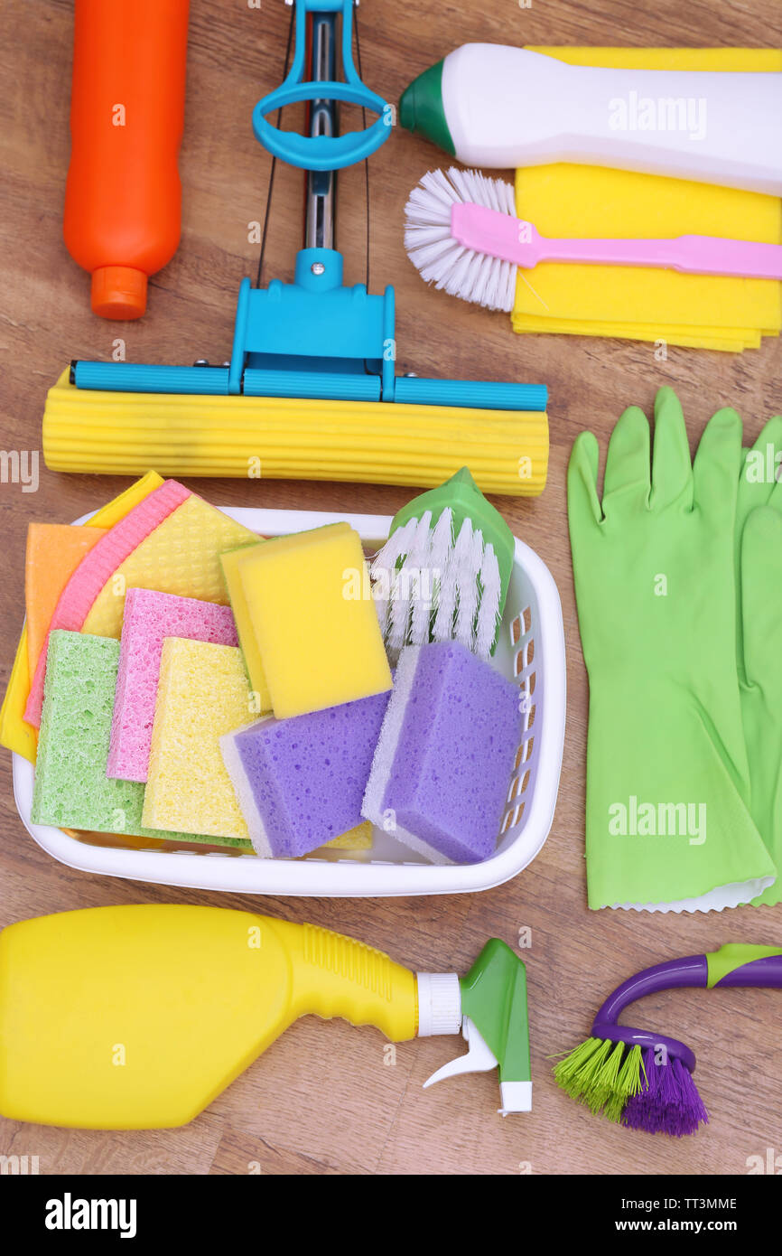 Collection of cleaning products and tools Stock Photo - Alamy