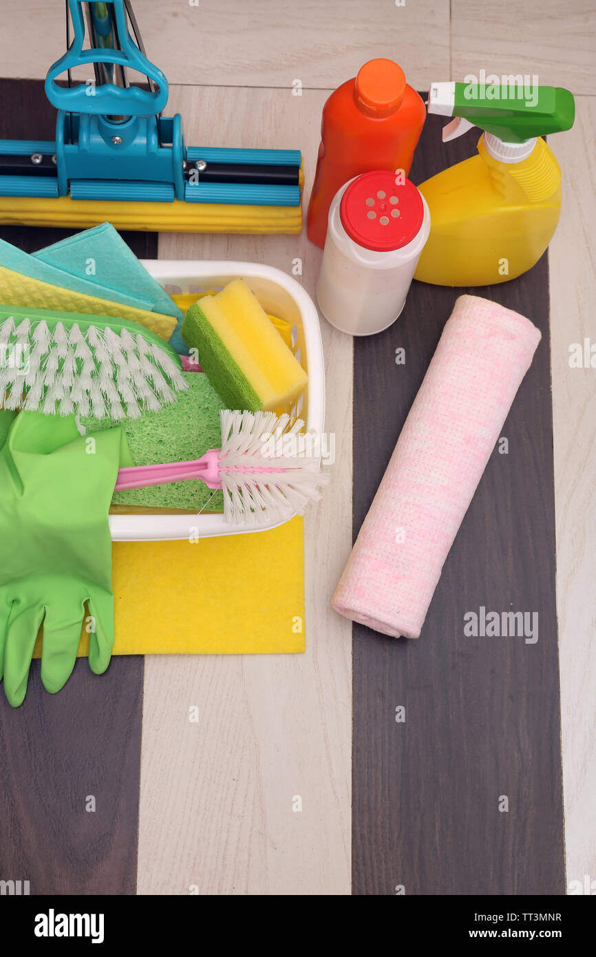Collection of cleaning products and tools Stock Photo Alamy