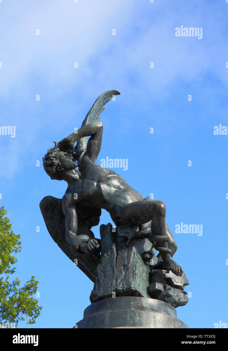 Spain, Madrid, Parque de el Retiro, Fallen Angel statue, Stock Photo