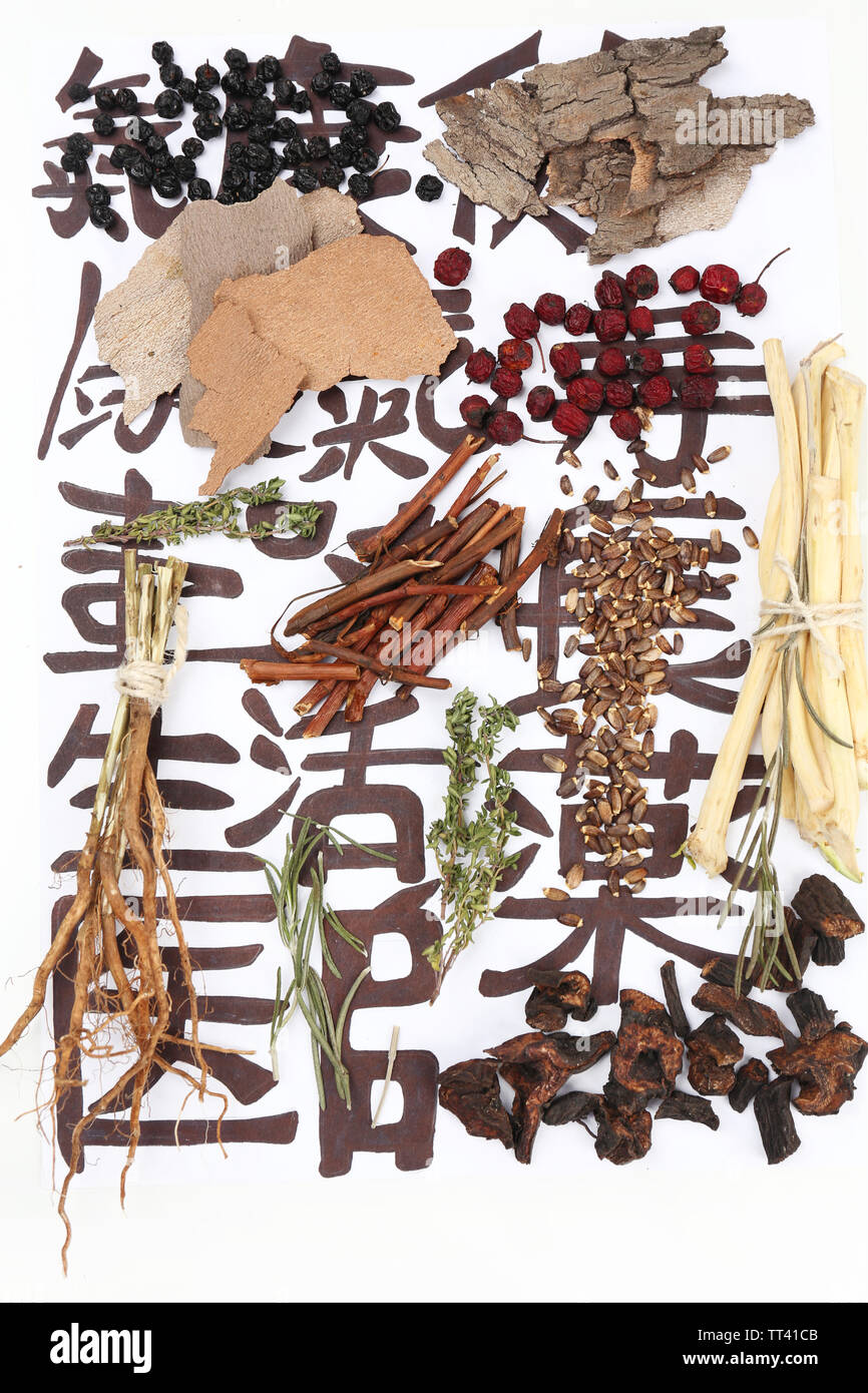 Traditional chinese herbal medicine ingredients on not real hieroglyphs