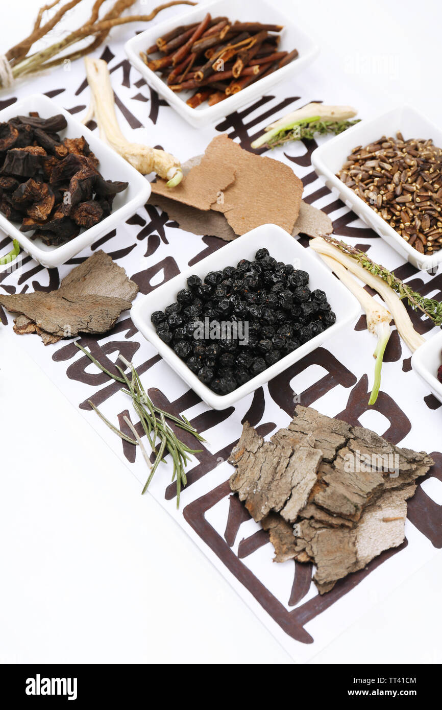 Traditional chinese herbal medicine ingredients on not real hieroglyphs