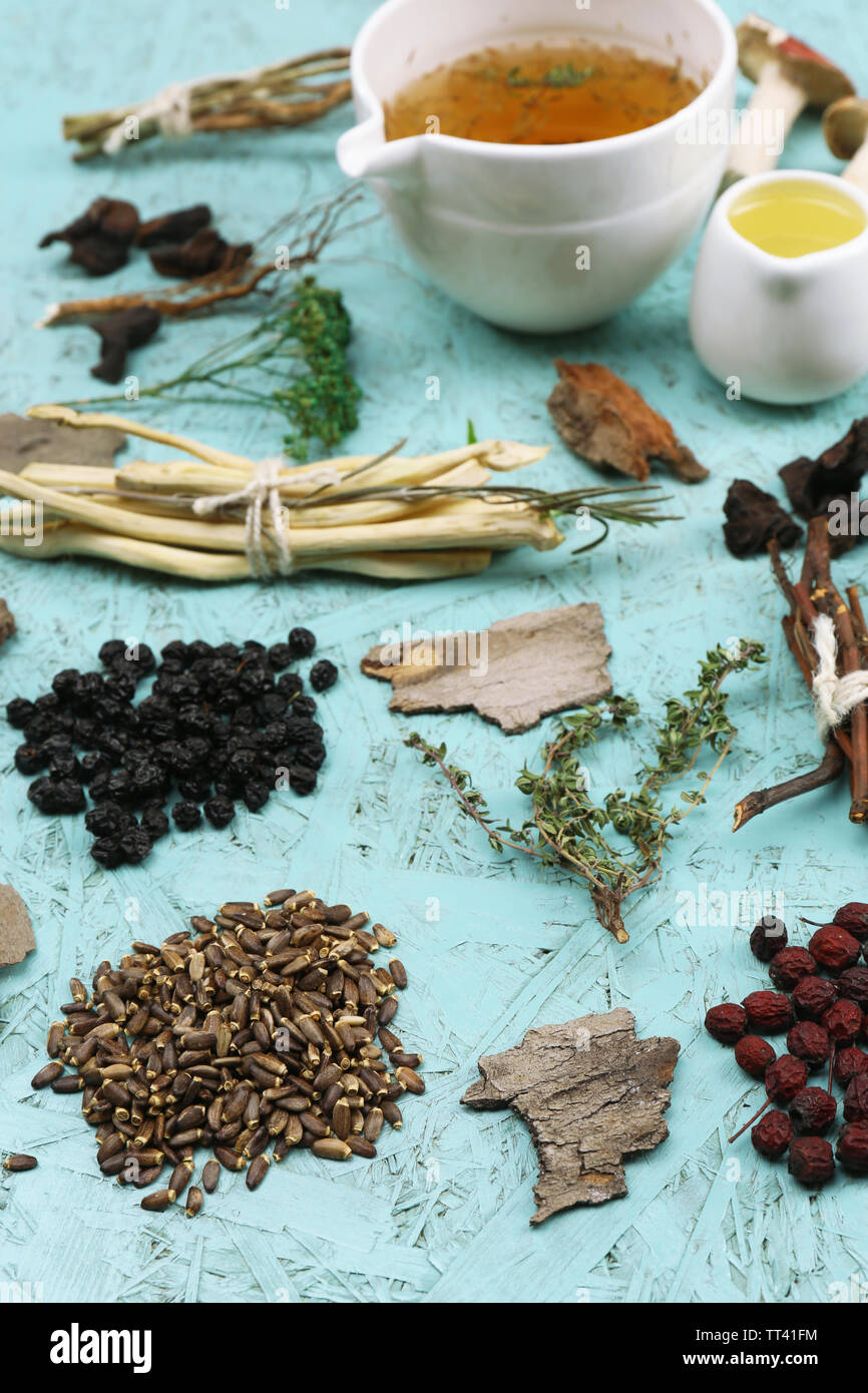 Traditional chinese herbal medicine ingredients, closeup Stock Photo