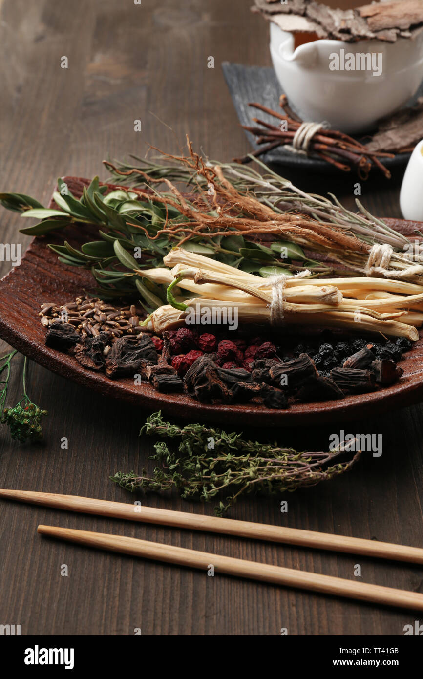 Traditional chinese herbal medicine ingredients, closeup Stock Photo