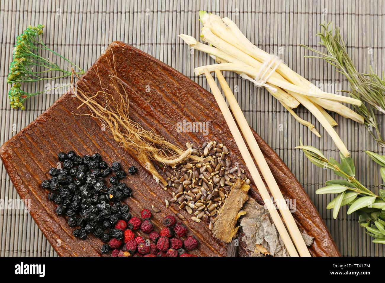 Traditional chinese herbal medicine ingredients, closeup Stock Photo