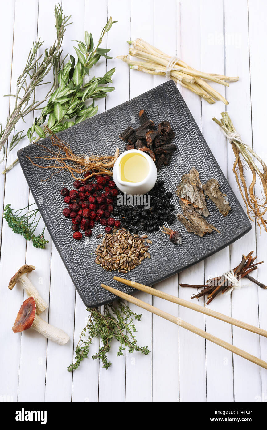 Traditional chinese herbal medicine ingredients, closeup Stock Photo