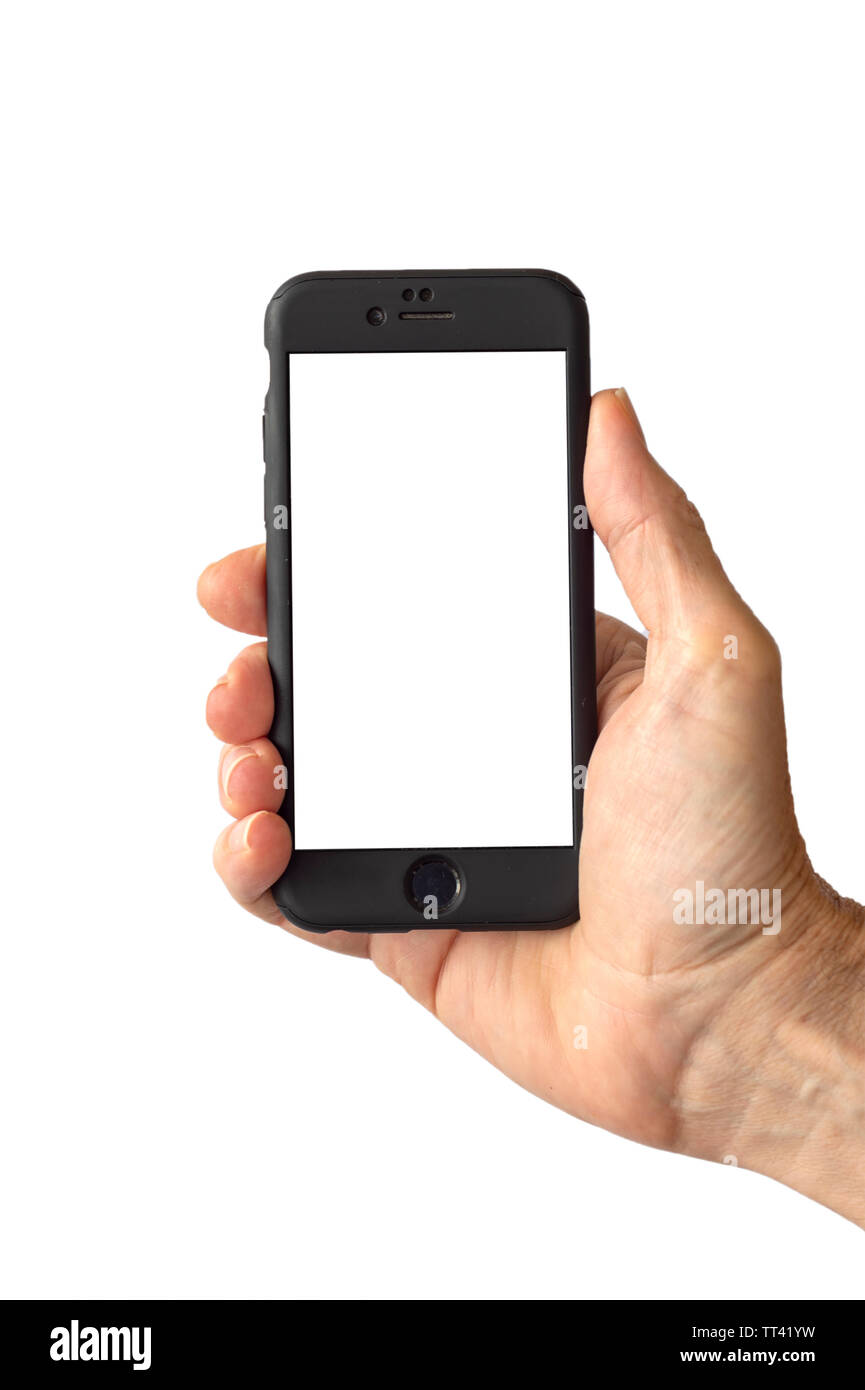 mobile phone. Hand holding a phone with a blank screen Stock Photo