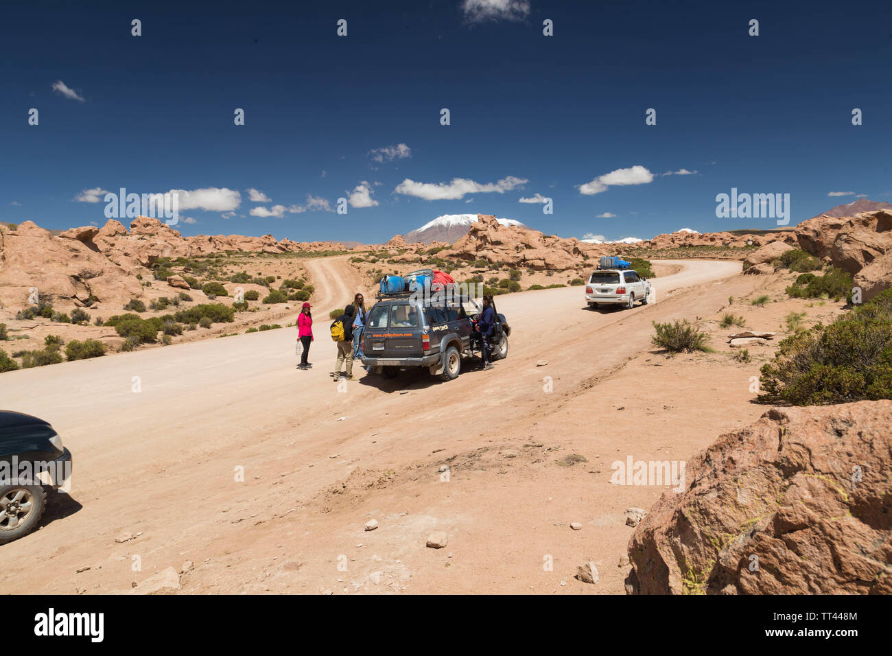 Jeep ride in Bolivia desert, Bolivia Stock Photo