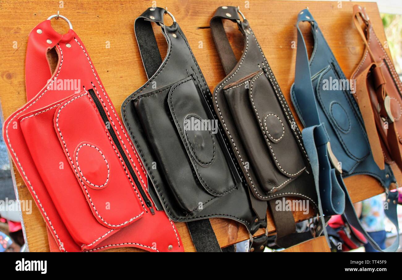 Leather fanny packs in different colors hand made Stock Photo Alamy
