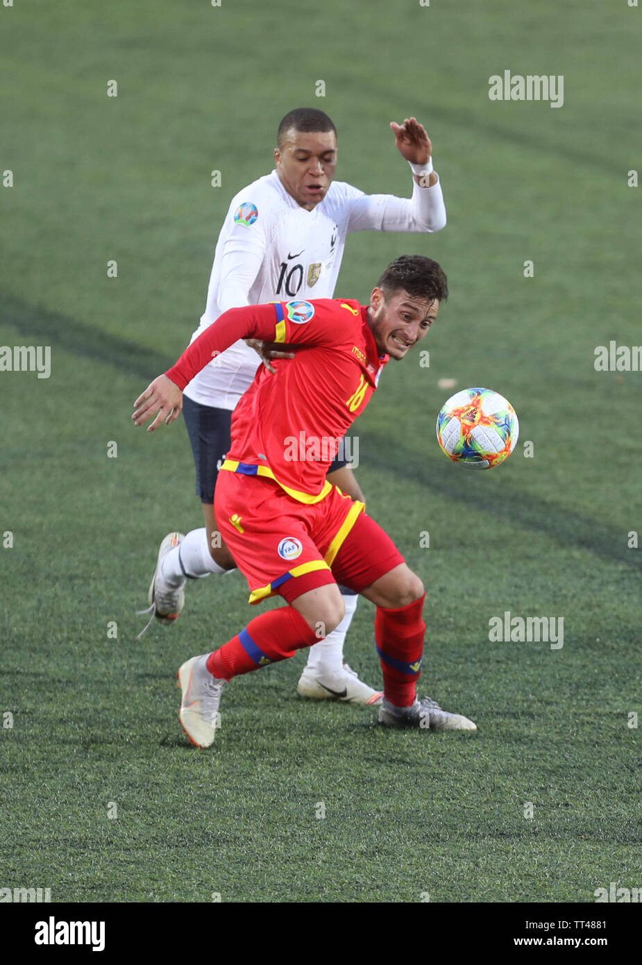 Kylian Mbappé of France and Alex Martinez of Andorra during the UEFA Euro 2020 Qualifying Group H football match between Andorra and France on June 11, 2019 at Estadi Nacional in Andorra la Vella, Andorra - Photo Laurent Lairys / DPPI Stock Photo