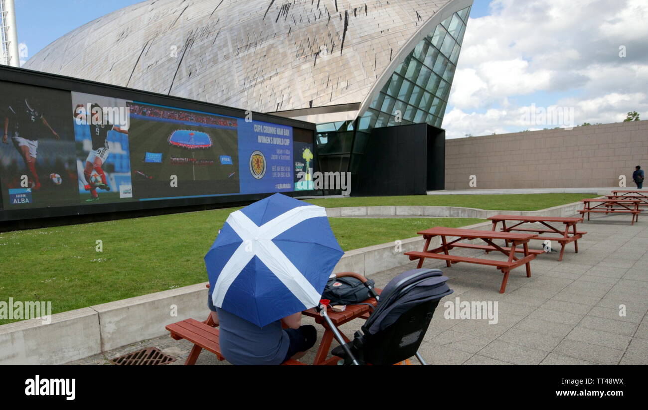 Glasgow, Scotland, UK 14th June, 2019. Despite the hype surrounding the woman’s football team at the world cup and the free advertising by the BBC their large screen tv attracted little support this afternoon despite the good weather.. Credit: Gerard Ferry/ Alamy Live News Stock Photo