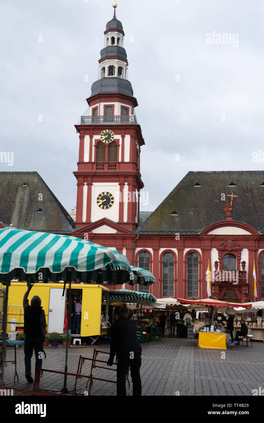 MANNHEIM, GERMANY, 05/11/2019: market square with stands in front of