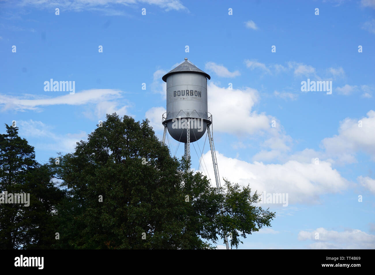 Municipal water tower labeled as 'Bourbon' Stock Photo Alamy