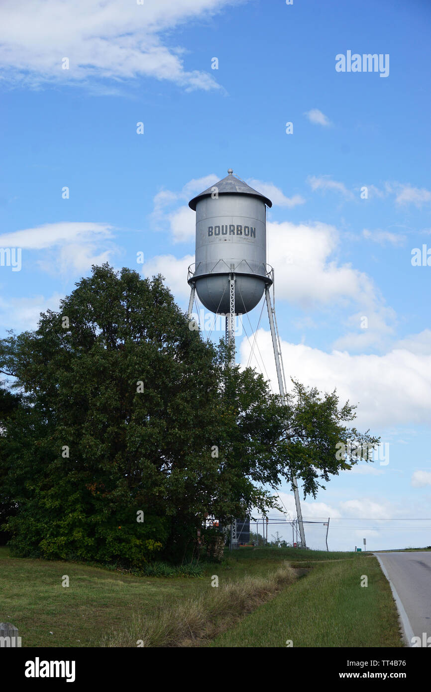 Municipal water tower labeled as 'Bourbon' Stock Photo Alamy