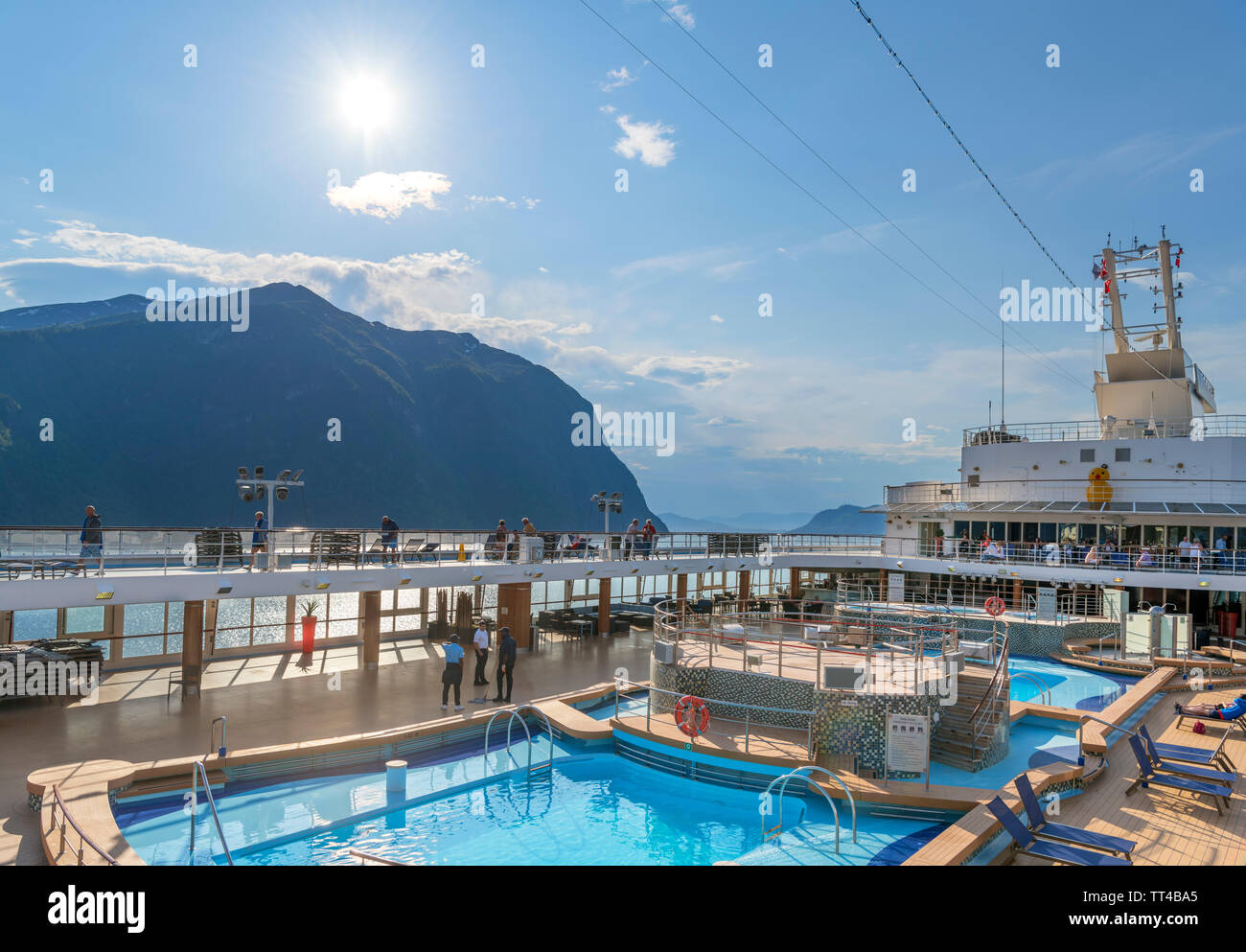 Norwegian Fjords Cruise. Pool area on TUI cruise ship Marella Explorer whilst sailing from Geiranger, Storfjorden, Sunnmøre, Møre og Romsdal, Norway. Stock Photo