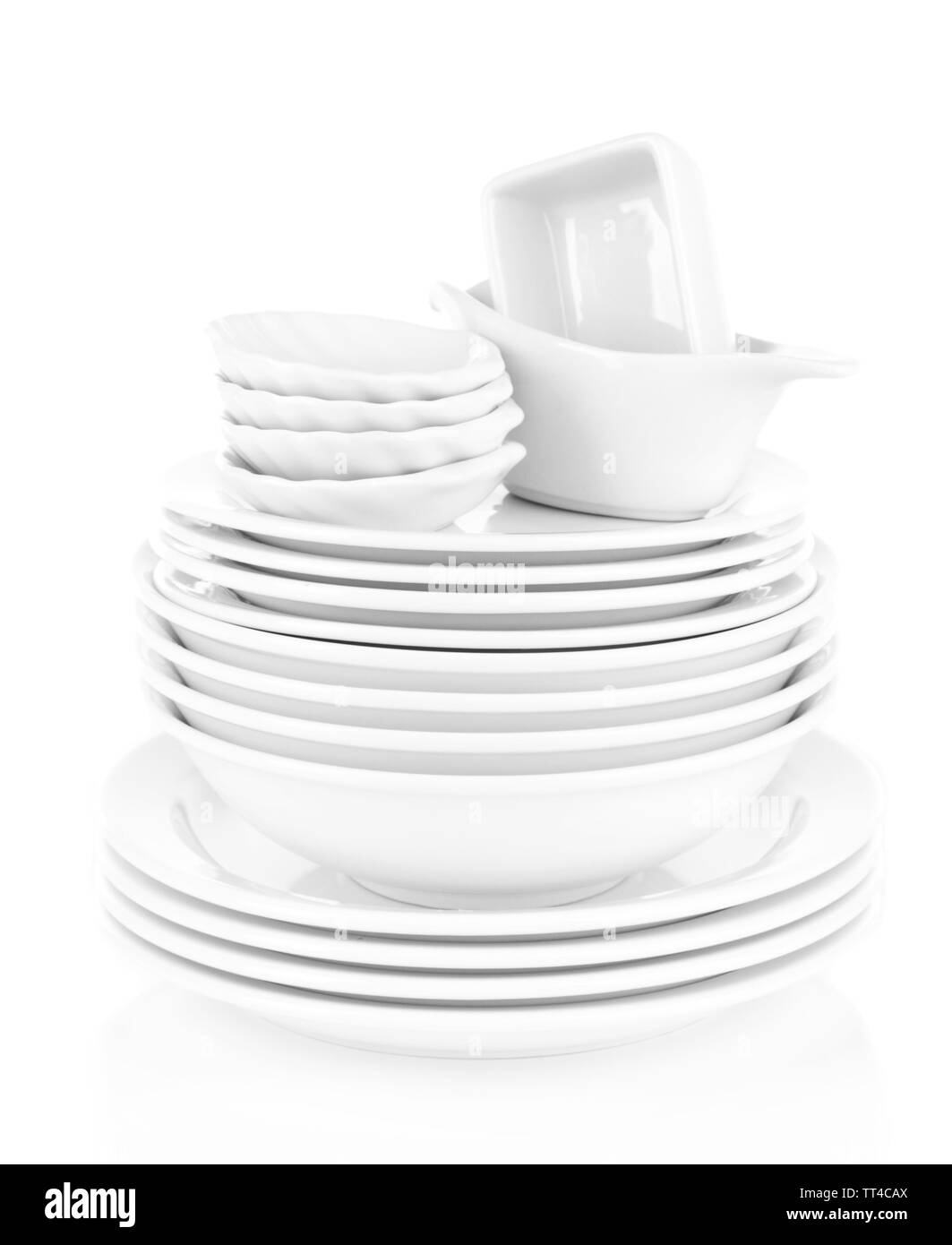 White crockery and kitchen utensils, isolated on white Stock Photo Alamy