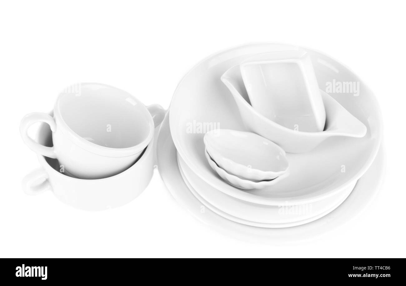 White crockery and kitchen utensils, isolated on white Stock Photo Alamy