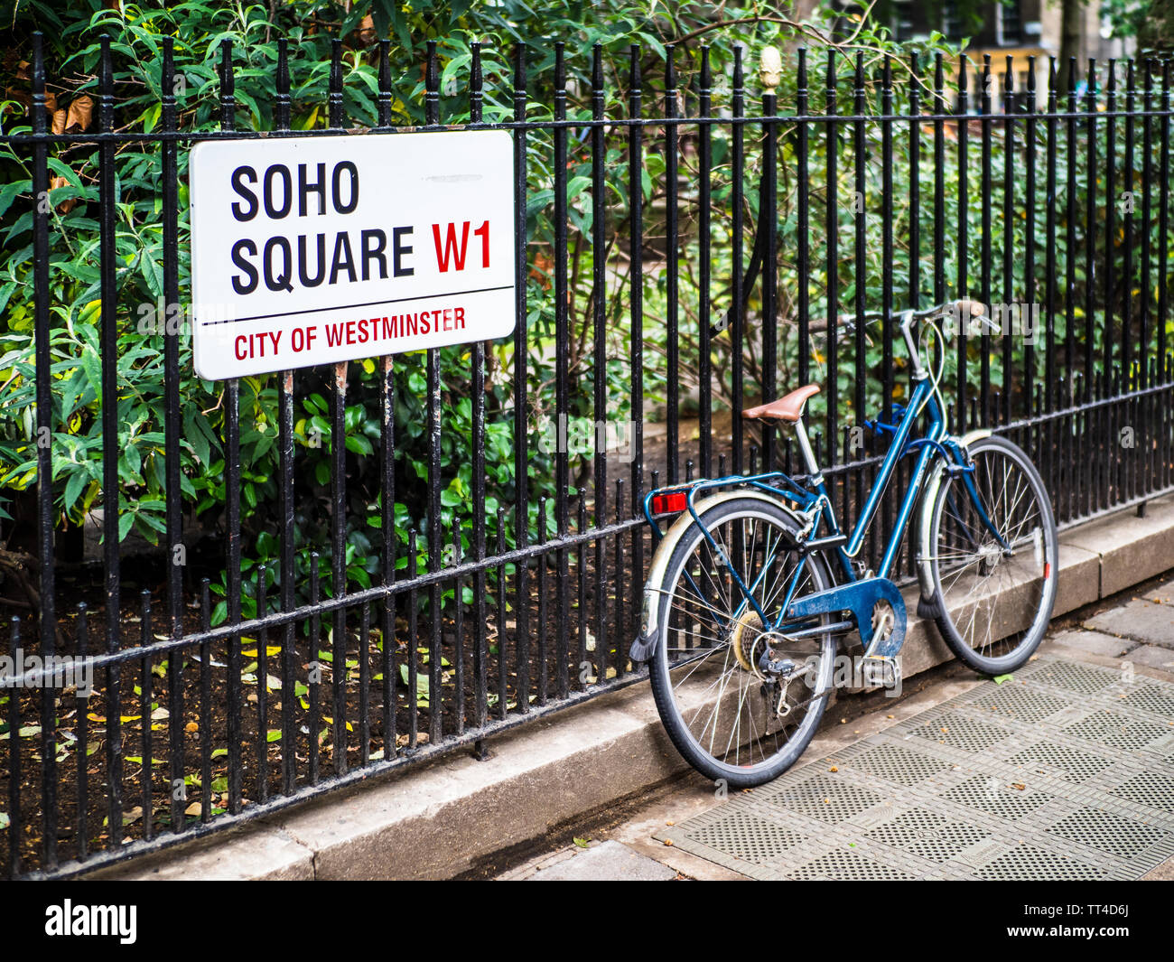 Soho Square W1 -  Soho Square is a green space in London's Soho Entertainment District dating back to 1681 - London's Soho district Street Signs Stock Photo