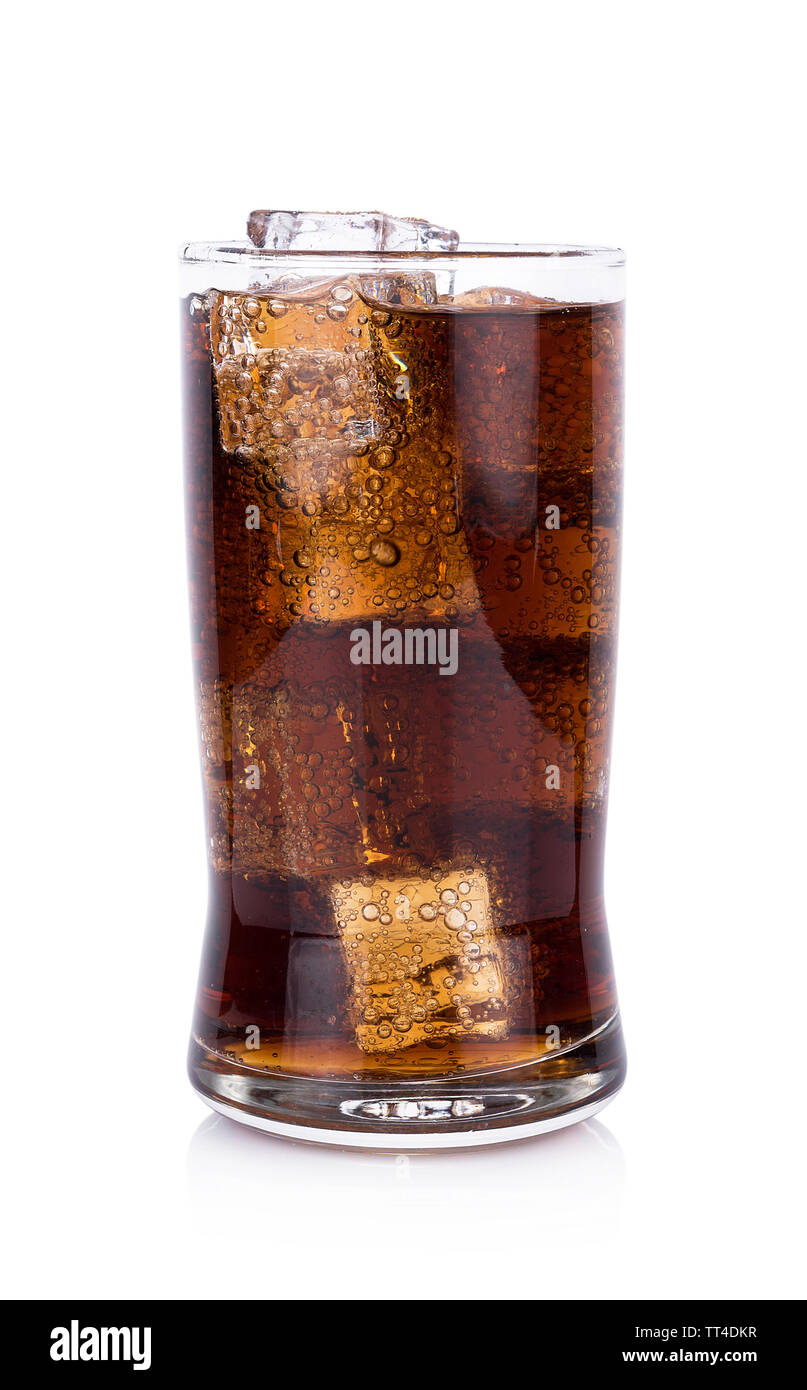 Cola in glass with ice cubes on white background Stock Photo - Alamy