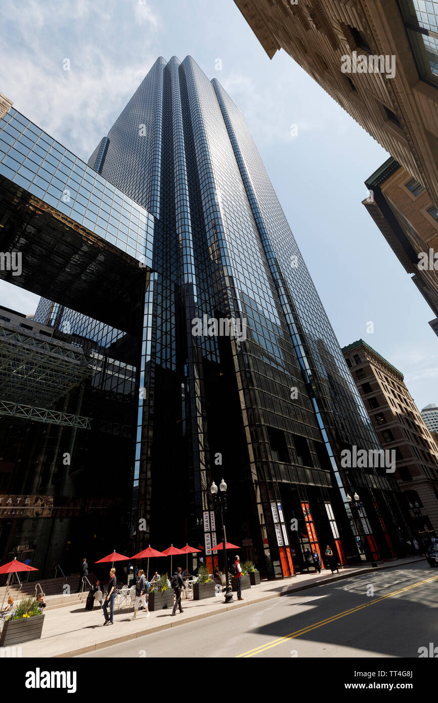 Street level view of Exchange Place, reflective glass office building