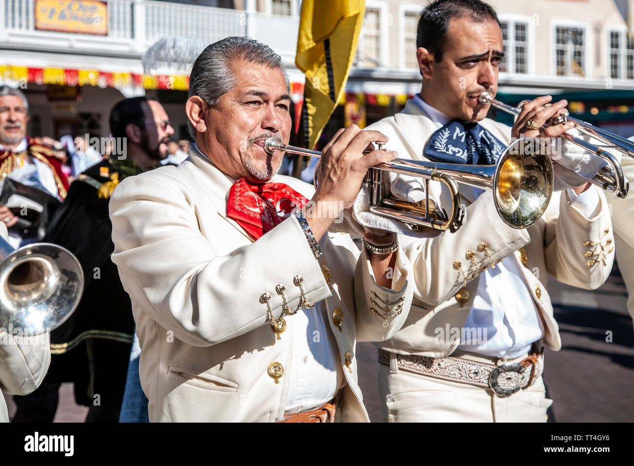 Mariachi trumpet players, Solemn Procession, Fiesta de Santa Fe, Santa Fe, New Mexico USA Stock Photo