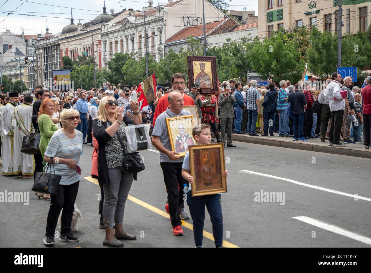 Belgrade, Serbia, June 6th 2019: Procession honoring the city holiday Savors Day (Spasovdan) at the Terazije Square Stock Photo