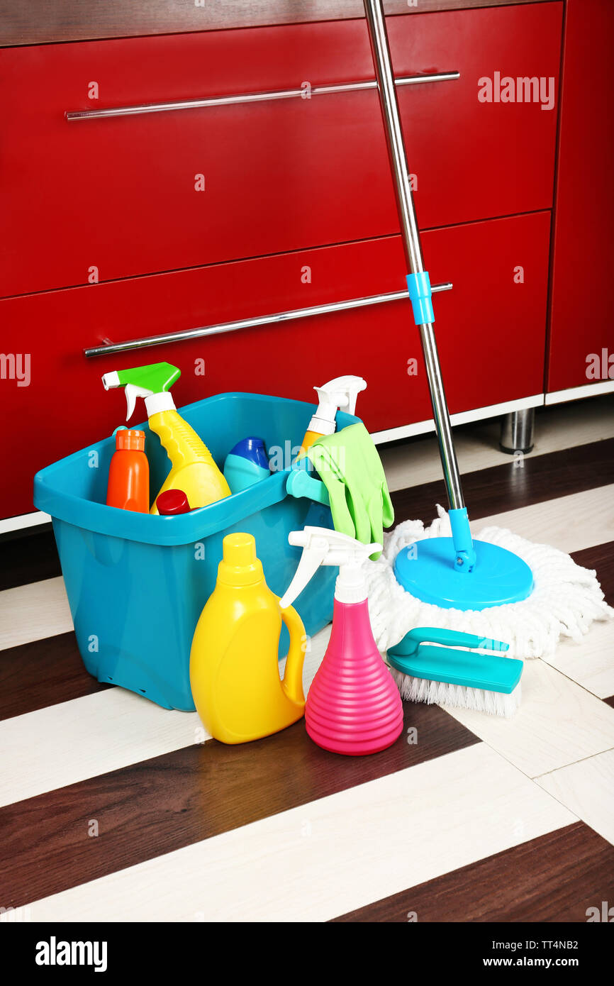 Different tools for cleaning in kitchen Stock Photo Alamy