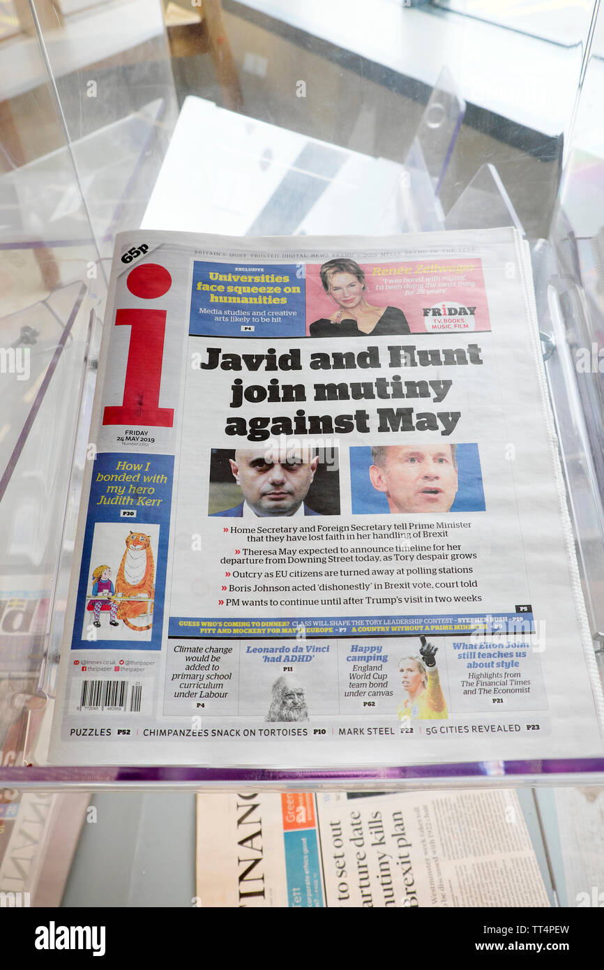 'Javid and Hunt join mutiny against May'   i newspaper headline article cutting London UK Britain 24 May 2019 Stock Photo