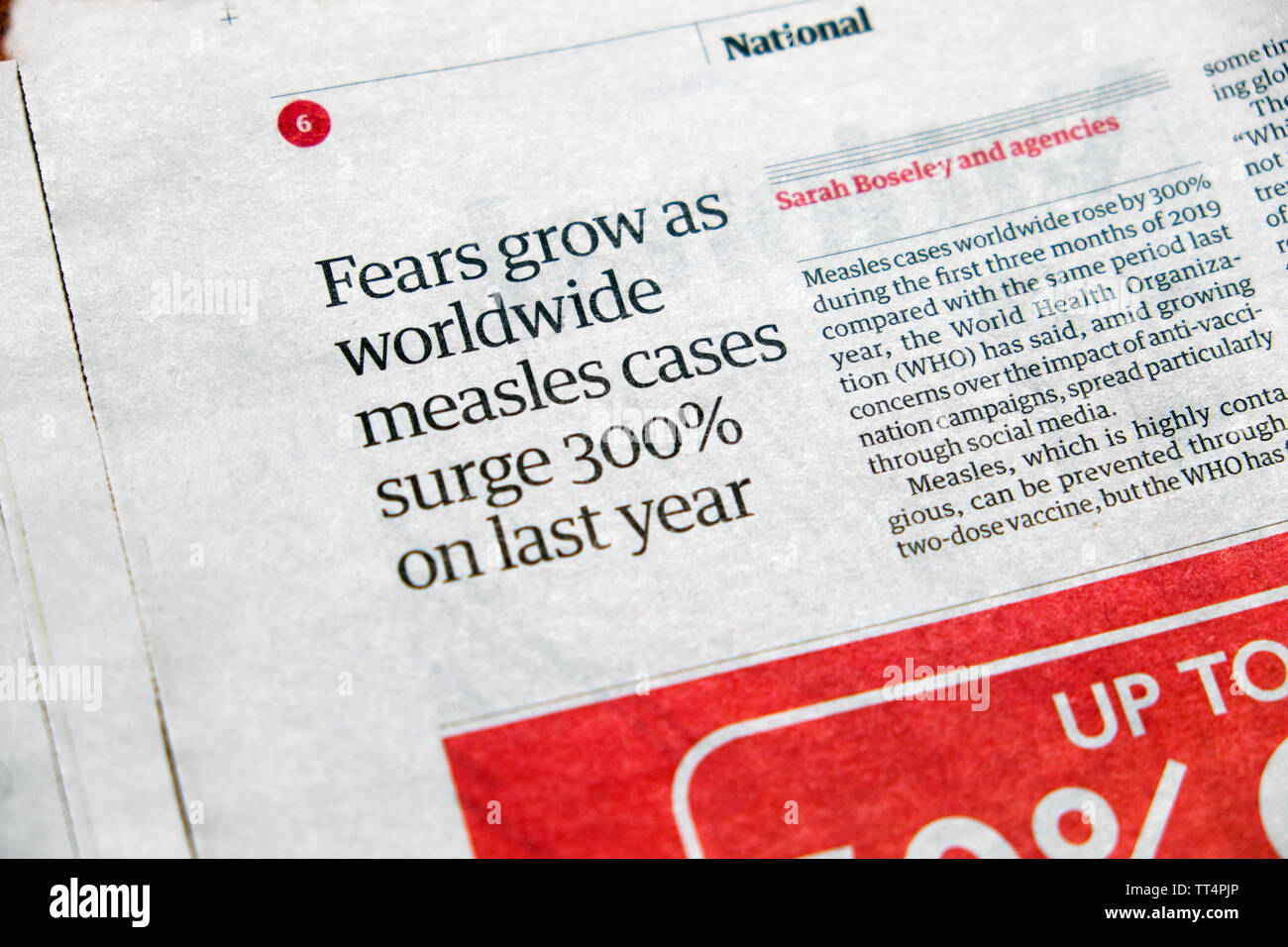 'Fears grow as worldwide measles cases surge 300% on last year' newspaper headline article cutting in London England UK Britain  2019 Stock Photo