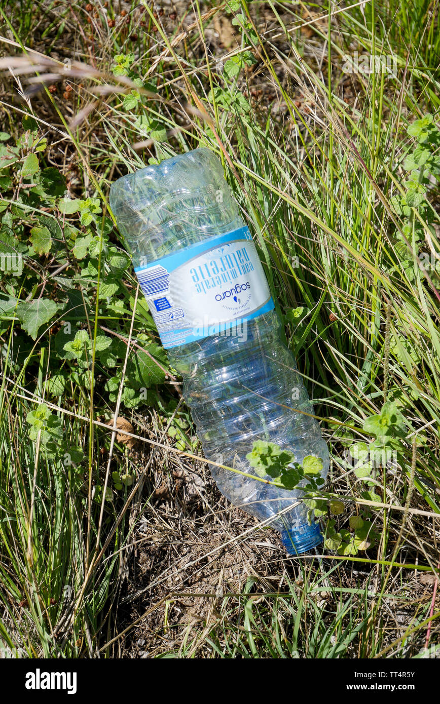 Pollution, a plastic bottle abandoned on a roadside verge, France Stock Photo