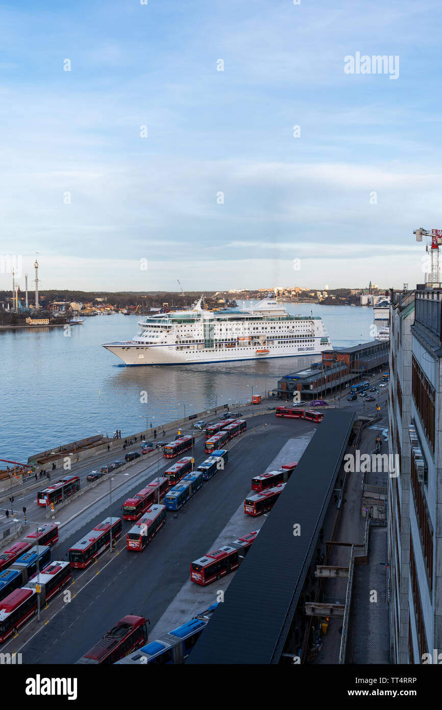 Editorial 27.03.2019 Stockholm Sweden. Cruise ship MS Birka leaving port at sunset to cruise to Mariehamn Stock Photo