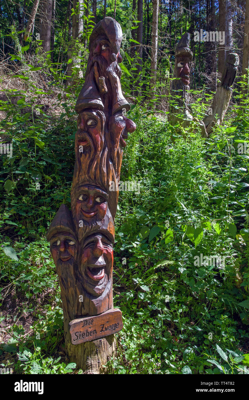 Carved faces in tree trunk, seven dwarfs, forest ghosts trail (german Waldgeisterweg), Oberotterbach, German Wine Route, Rhineland-Palatinate, Germany Stock Photo