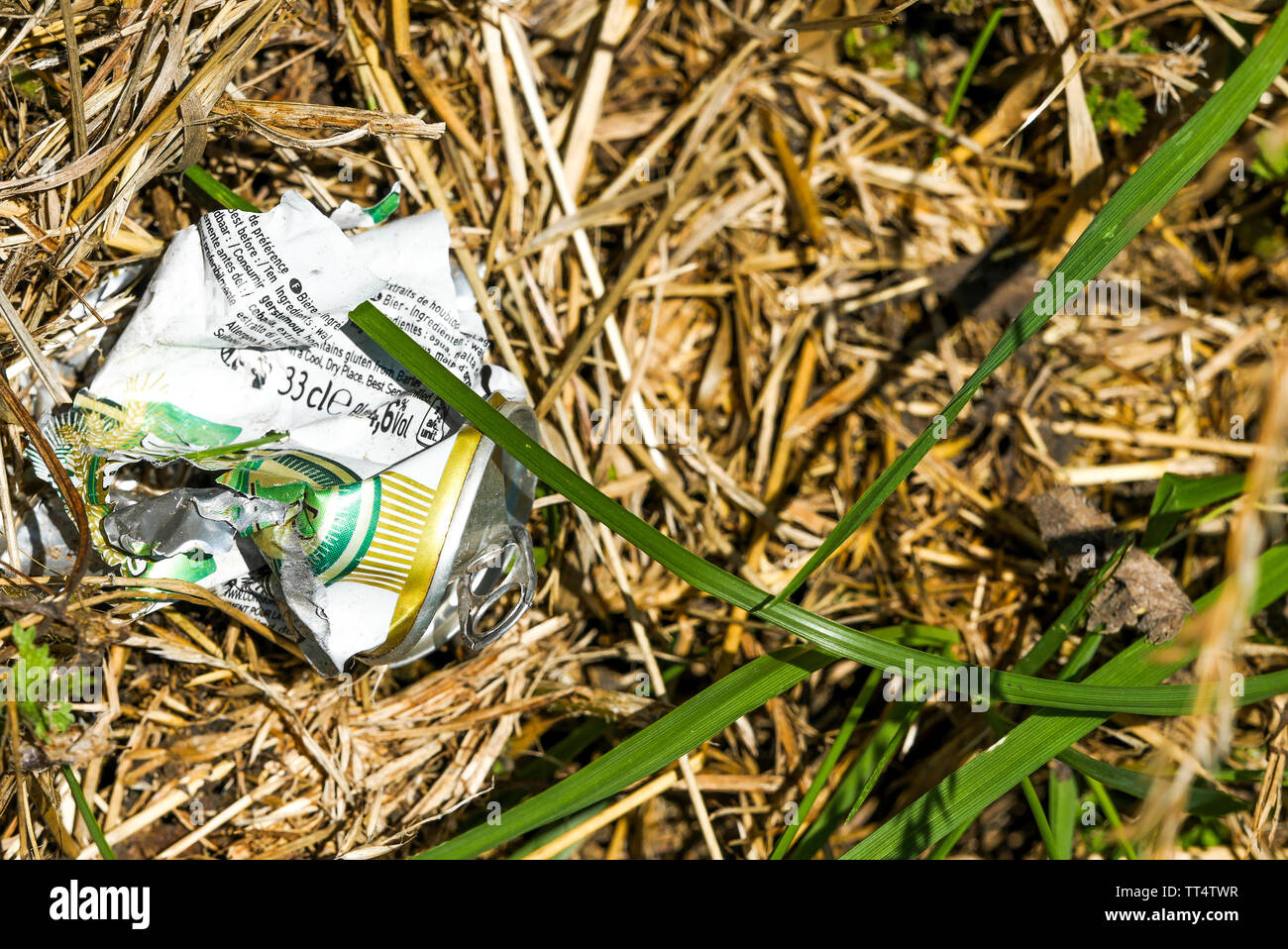Beer Rings Polution Pollution, shredded beerr can abandoned on a roadside verge, France ...