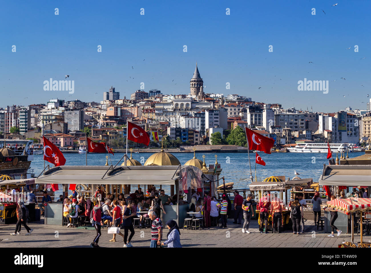 Istanbul, Eminonu / Turkey - May 30 2019: Istanbul landscape, Eminonu and Halic seaside, Galata Tower view. Populer touristic destination historic pen Stock Photo