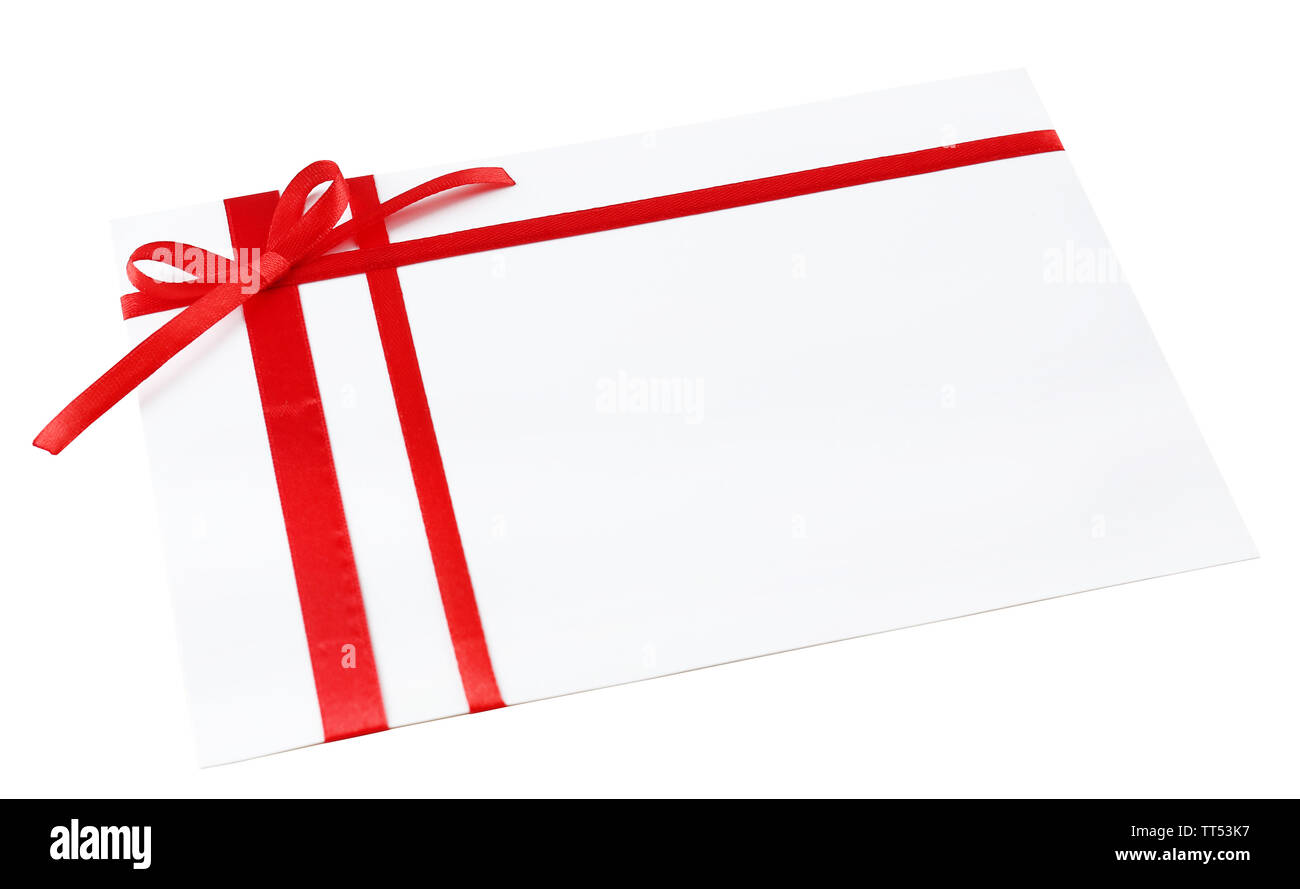 White envelope and red ribbon isolated on white Stock Photo
