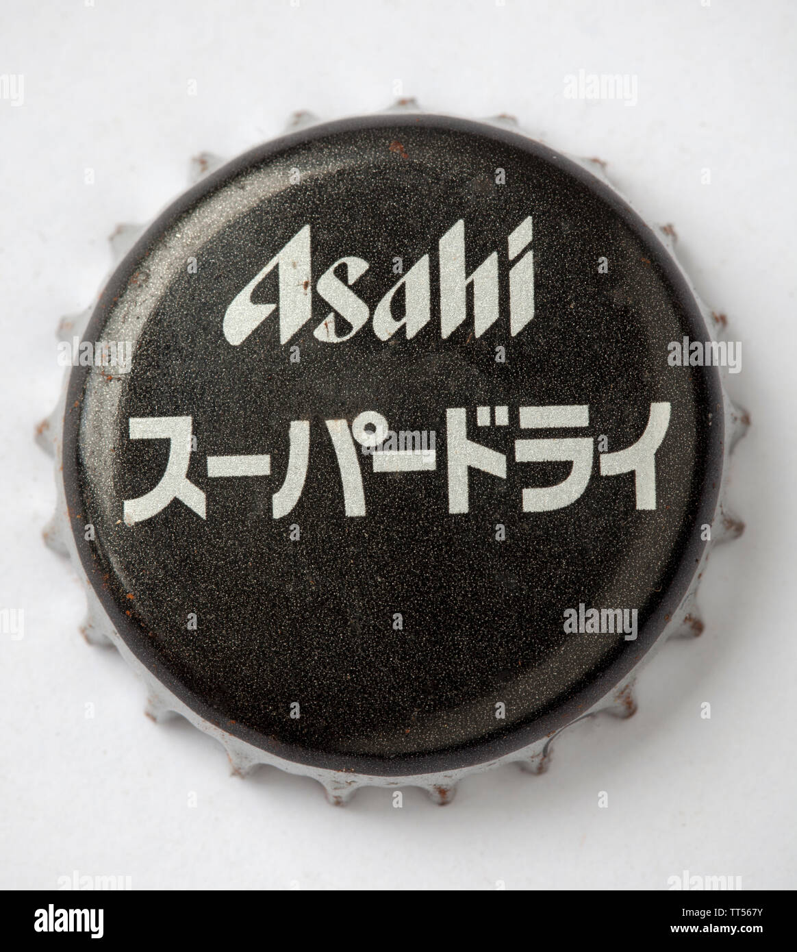 Used Japanese Asahi Beer Bottle Tops Stock Photo