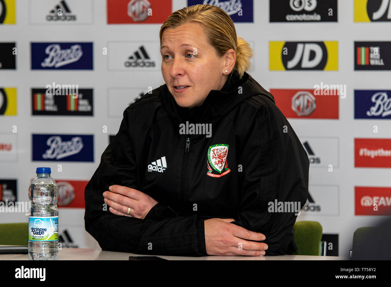 Jayne Ludlow faces the media after the Wales Women v New Zealand international match at Leckwith Stadium. Lewis Mitchell/YCPD. Stock Photo