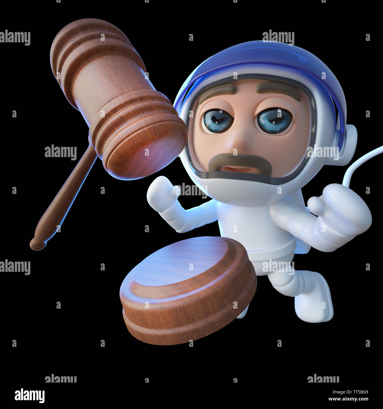 3drender of a funny cartoon spaceman astronaut character with auction gavel in space Stock Photo