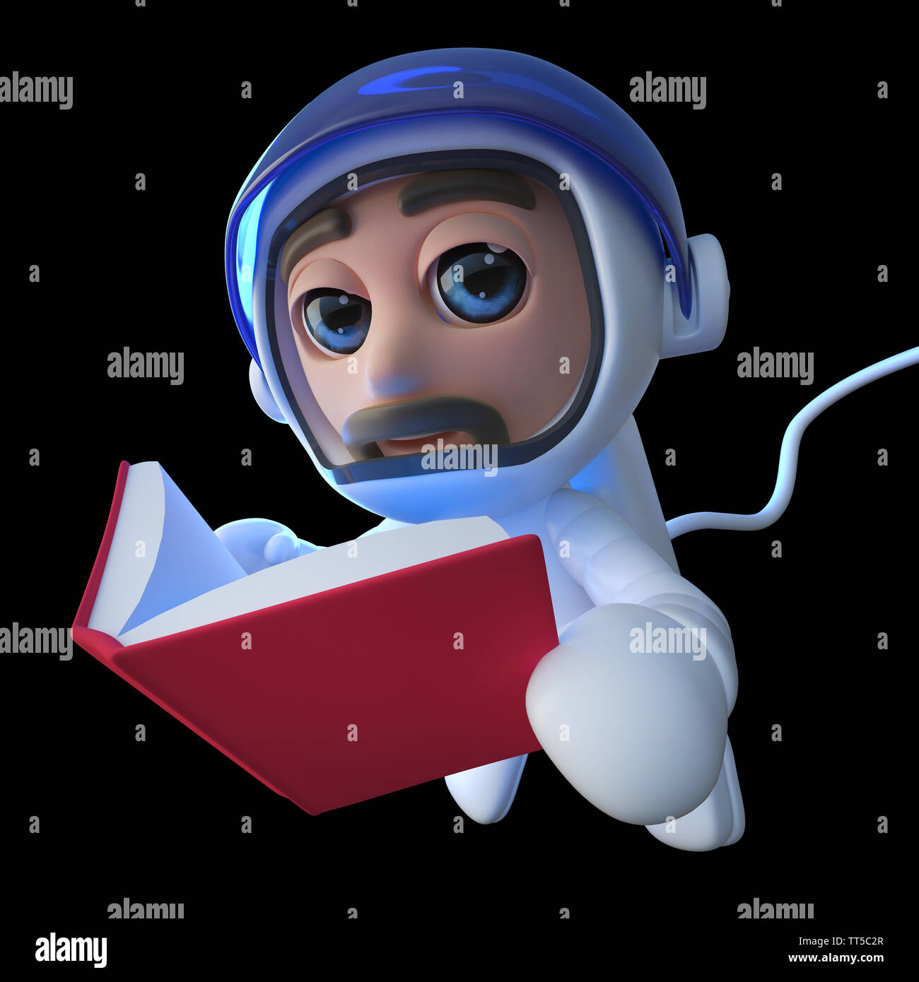 3d render of a funny cartoon spaceman astronaut character reading a book in  space Stock Photo - Alamy