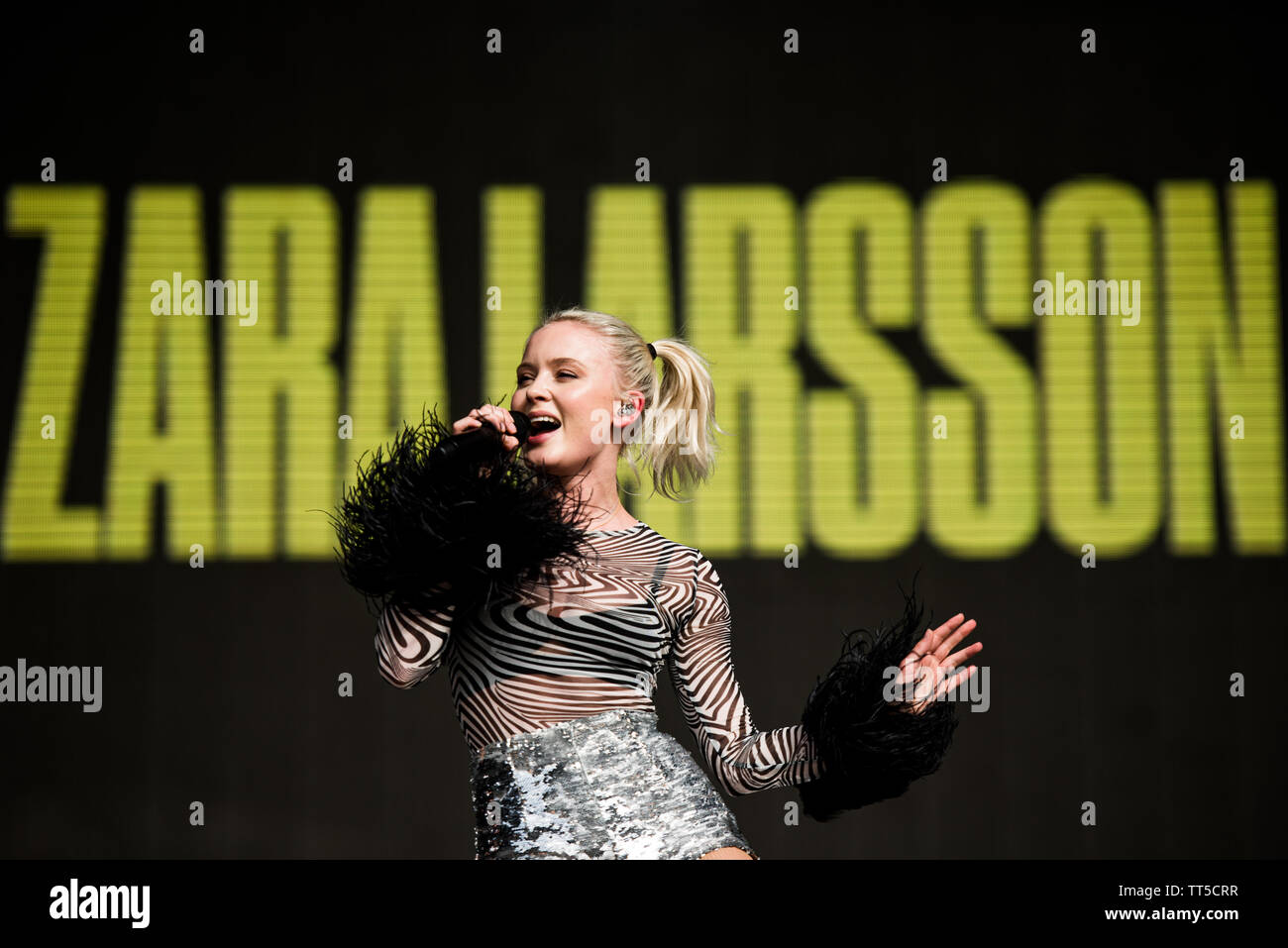 The Swedish singer Zara Larsson performing live on stage at the Firenze Rocks festival 2019 in Florence, Italy, opening for Ed Sheeran Stock Photo