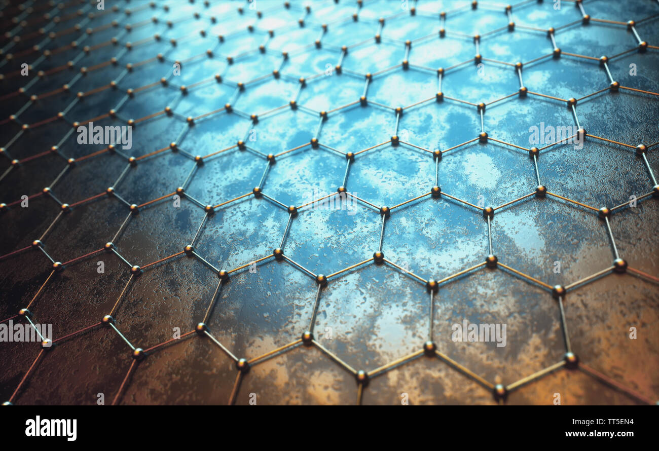 Conceptual abstract image with hexagonal structure connection. 3D illustration background. Graphene concept. Stock Photo
