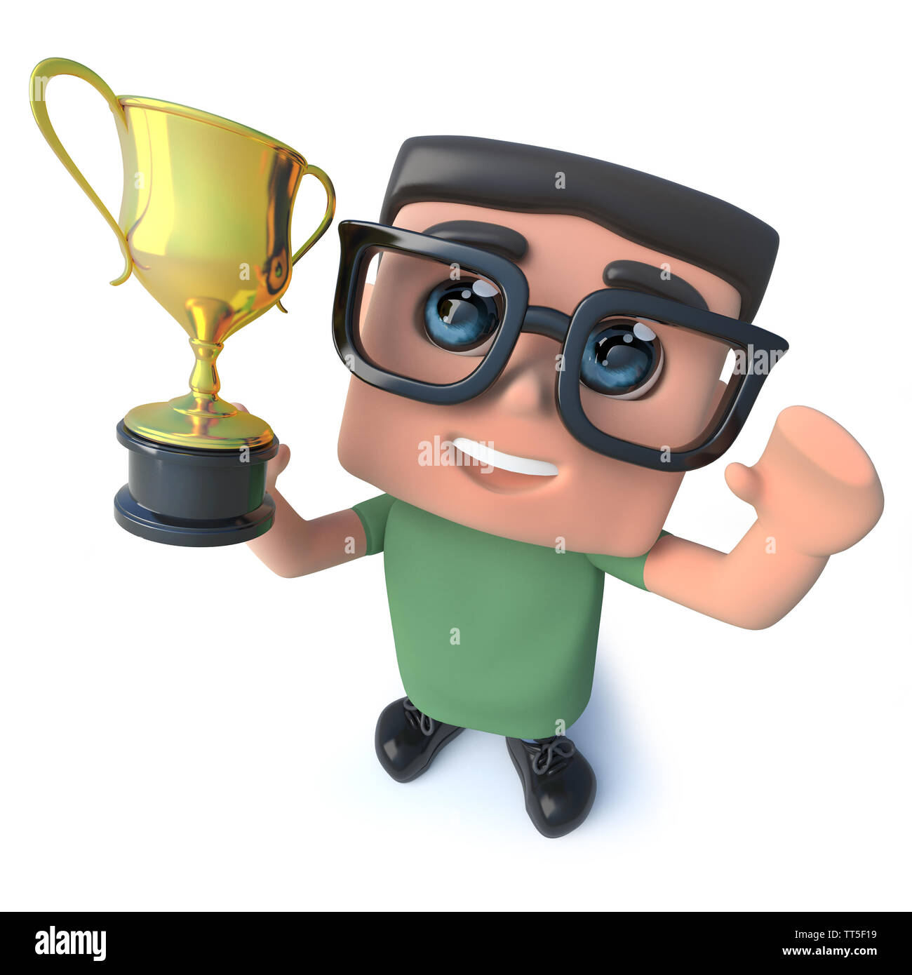 3d render of a funny cartoon computer nerd character holding a gold cup  trophy prize award in triumph Stock Photo - Alamy