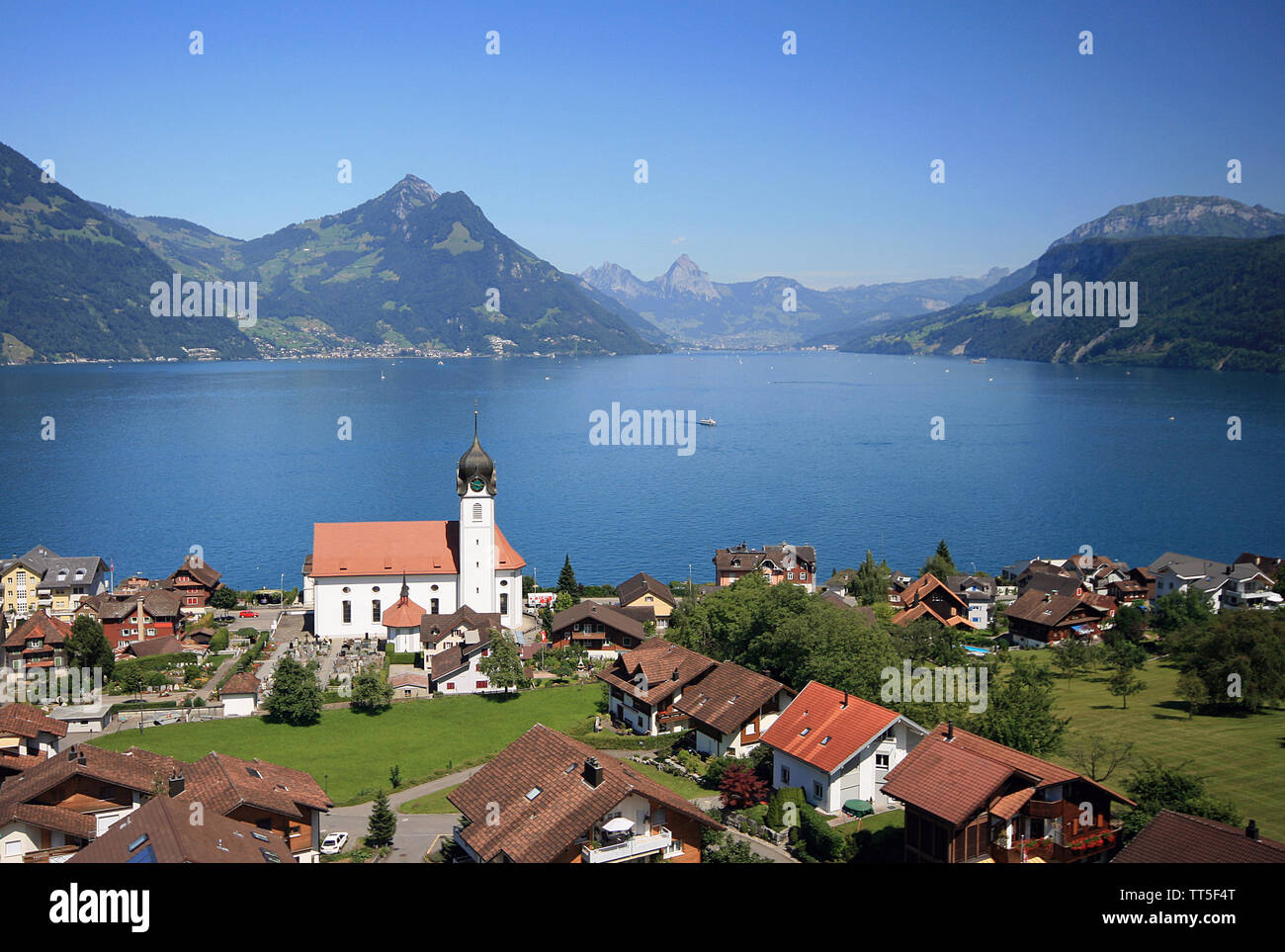 Beckenried Church and Lake Lucerne, Switzerland Stock Photo