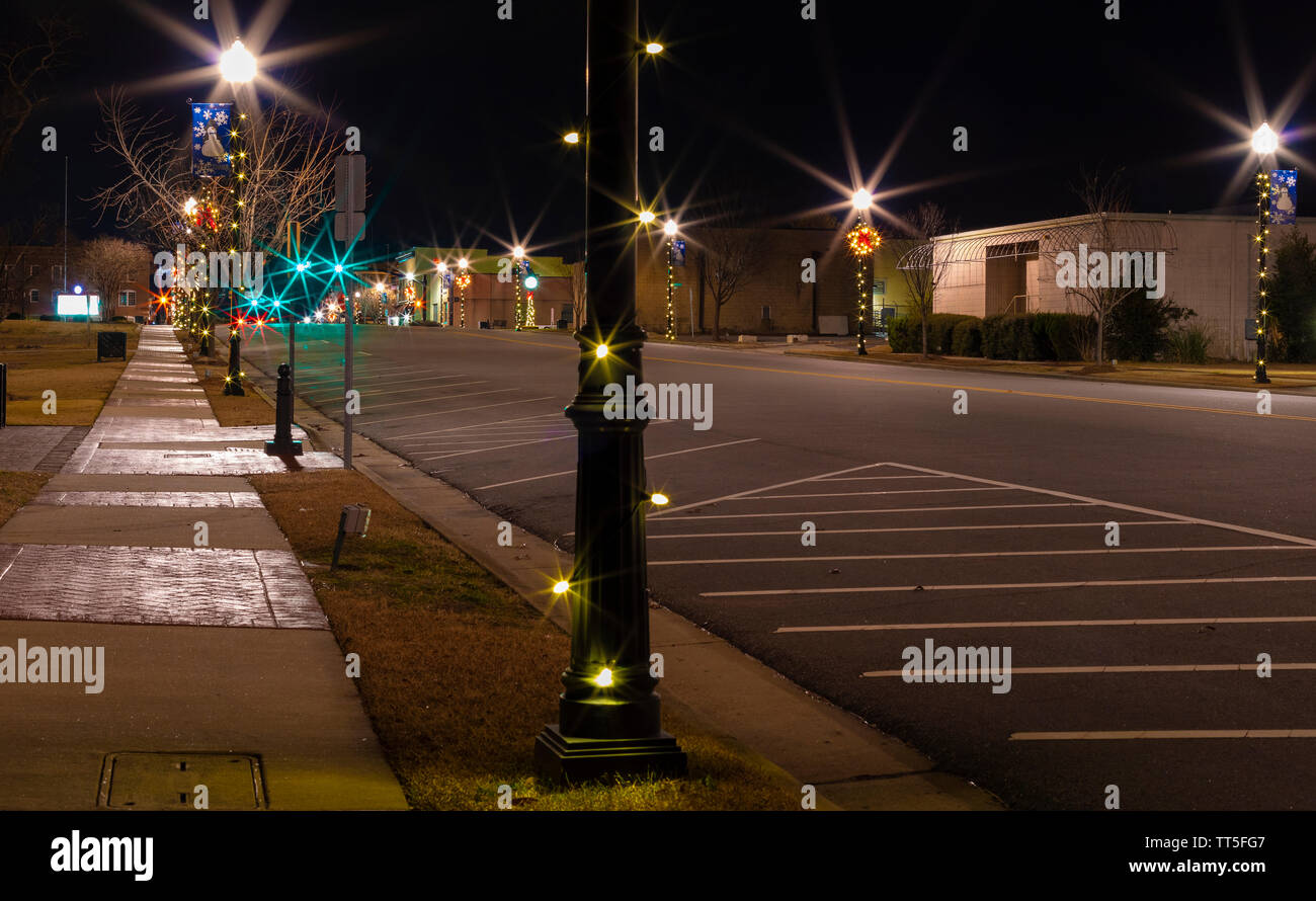 Christmas lights decorate Raeford North Carolina on Main Street Stock